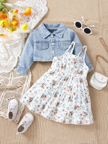 Comfortable Denim Long Sleeve Floral Dress Set